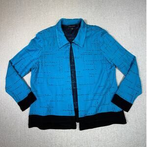 Ming Wang Women XL  Blue Black Long Sleeve Open Front Knit Cardigan Jacket